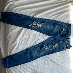 Distressed, High Rise jegging, dark blue
